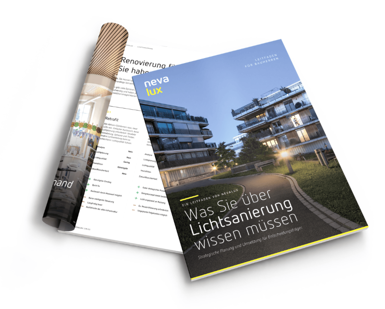 Zwei Zeitschriften, eine aufgeschlagen, die andere geschlossen. Die geschlossene Zeitschrift zeigt moderne Wohnblocks in der Abenddämmerung mit eingeschalteten Lichtern und den Titel "Was Sie über Lichtsanierung wissen müssen".