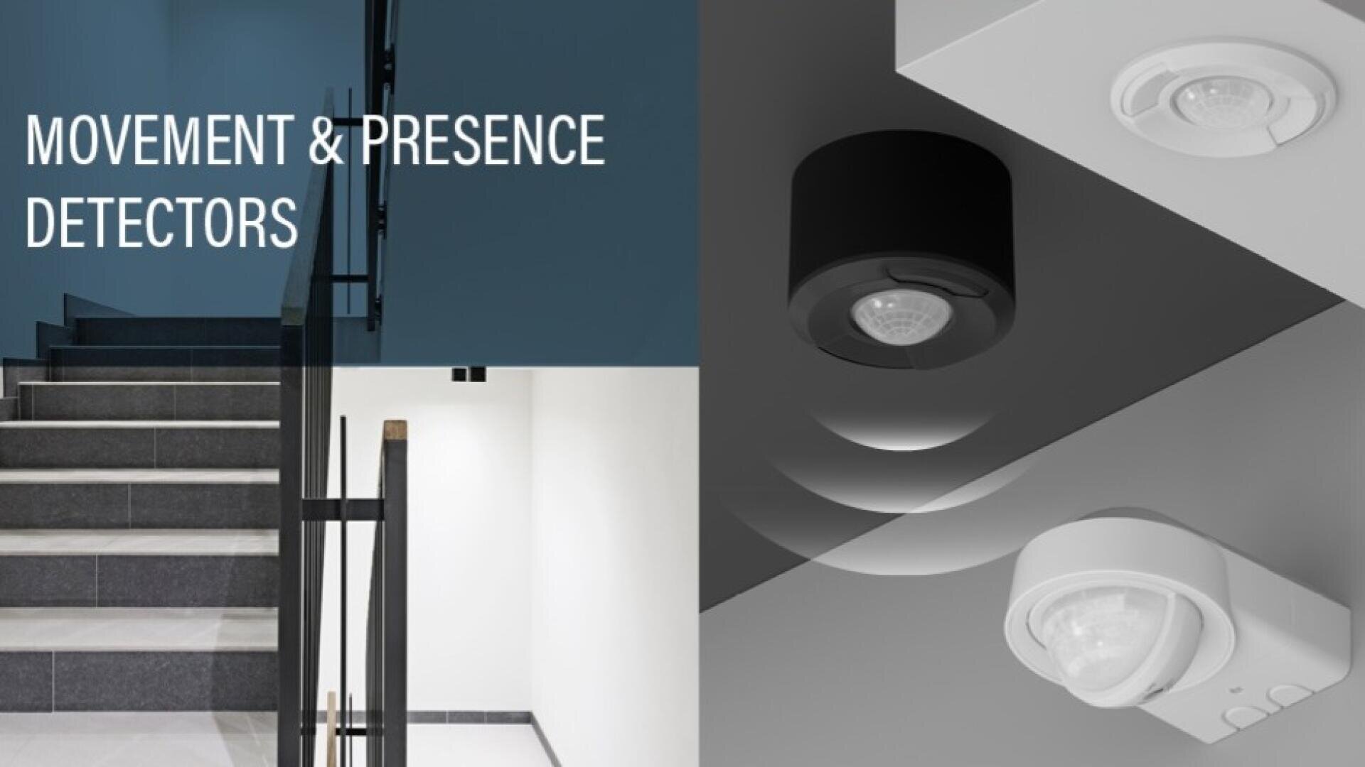 Ein modernes Treppenhaus mit Metallgeländer auf der linken Seite und Nahaufnahmen von an der Decke montierten Bewegungs- und Präsenzmeldern in Schwarz-Weiß auf der rechten Seite. Der Text lautet MOVEMENT & PRESENCE DETECTORS.