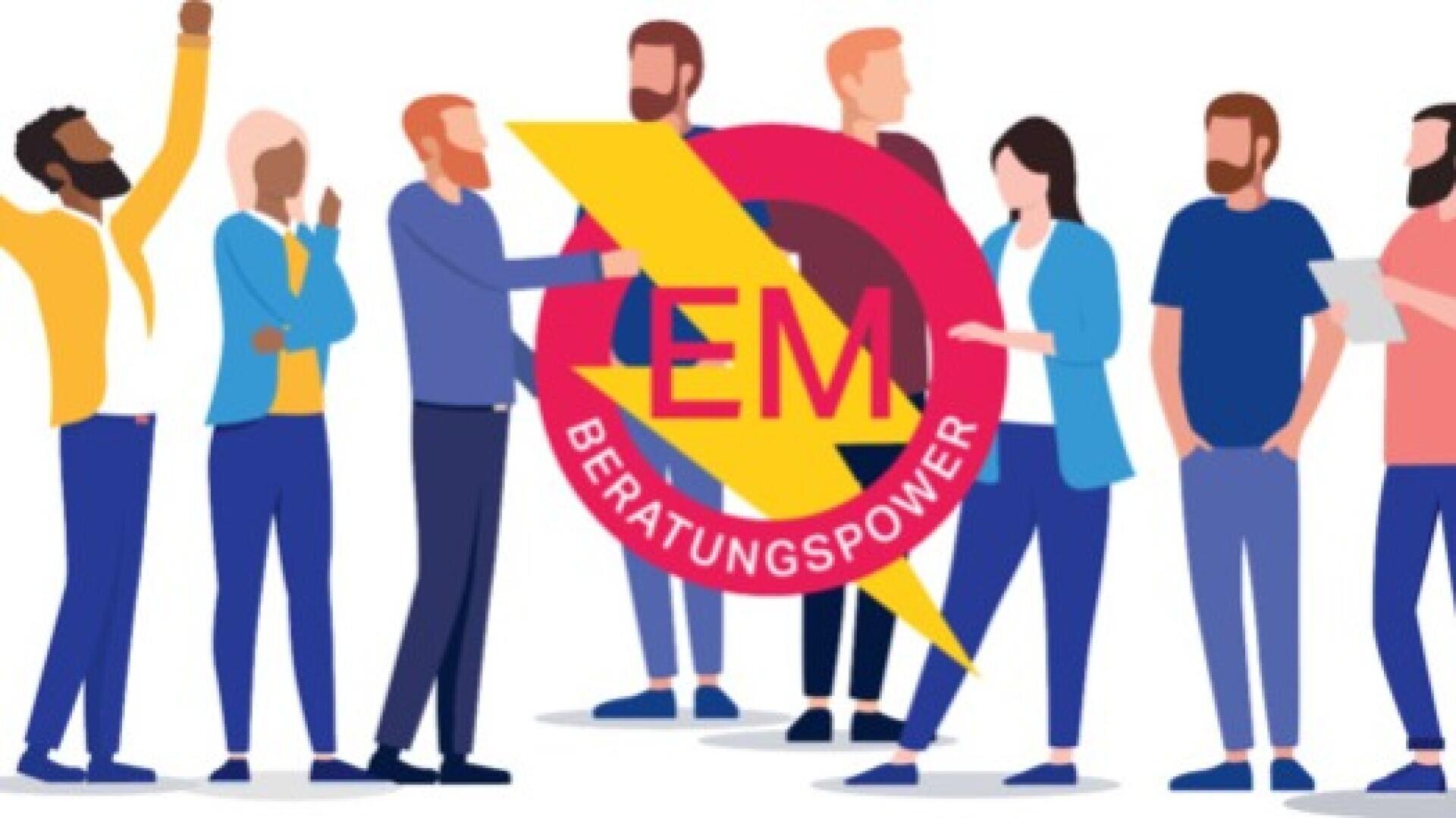 Illustration von verschiedenen Menschen, die in einer Gruppe stehen und sich unterhalten. In der Mitte sind ein großer Blitz und ein rundes Schild mit der Aufschrift „EM BERATUNGSPOWER“ zu sehen, die einige Figuren teilweise verdecken.