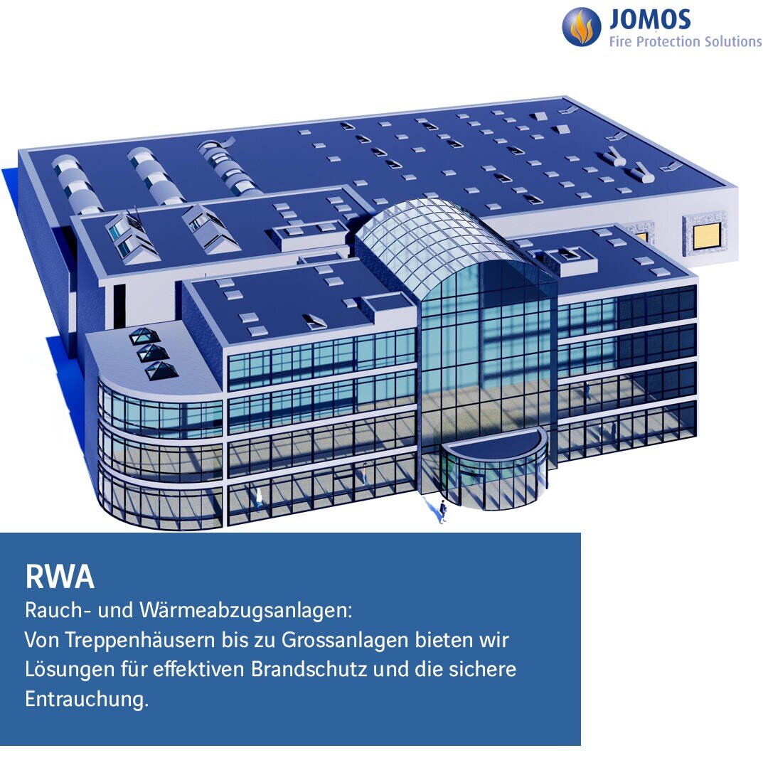 Ein 3D-Rendering eines modernen Industriegebäudes mit einem gläsernen Atrium. Darunter steht in einem blauen Kasten: "RWA Rauch- und Wärmeabzugsanlagen: Lösungen für effektiven Brandschutz und sichere Entrauchung." In der Ecke das JOMOS-Logo.