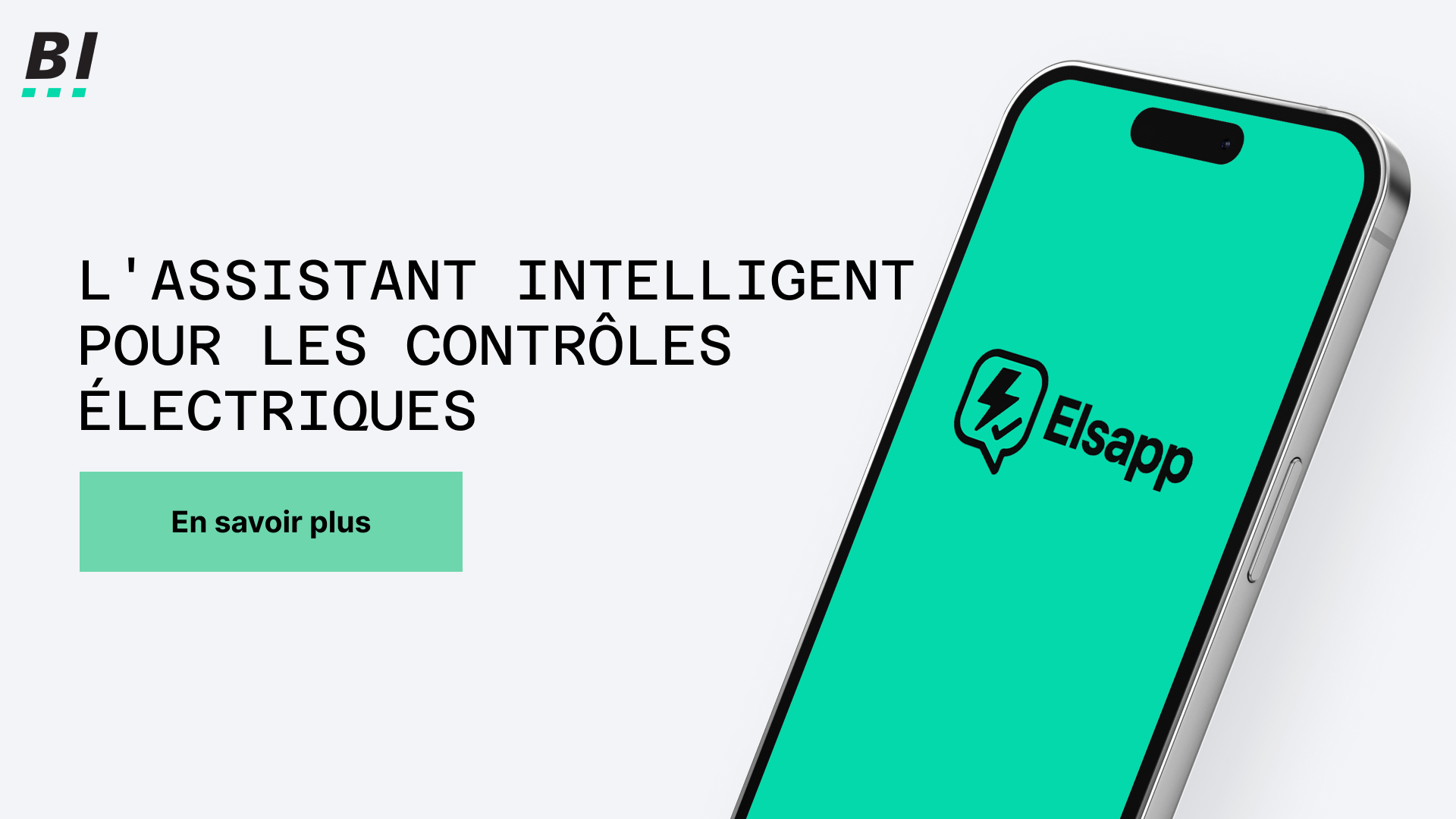 Un smartphone affiche le logo Elsapp sur un écran bleu sarcelle. À côté, on peut lire « ASSISTANT INTELLIGENT POUR LES CONTRÔLES ÉLECTRIQUES ». Un bouton vert situé en dessous indique « En savoir plus ».