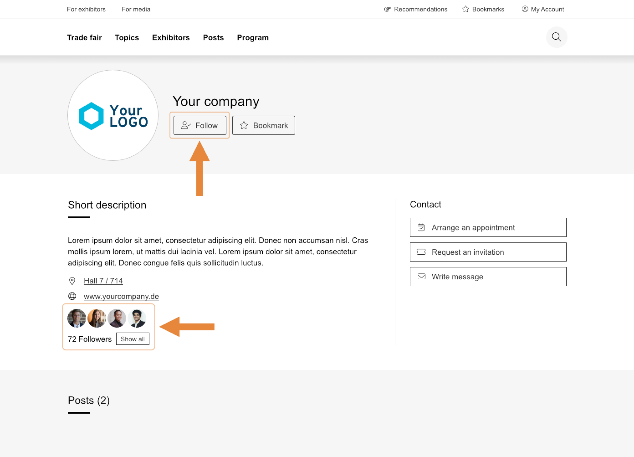 Page de profil d'entreprise avec un logo, des boutons « Suivre » et « Favoris », une courte description, un lien vers un site web et une section présentant 72 abonnés avec photos de profil. Les flèches orange pointent vers les options « Suivre » et le nombre d'abonnés.