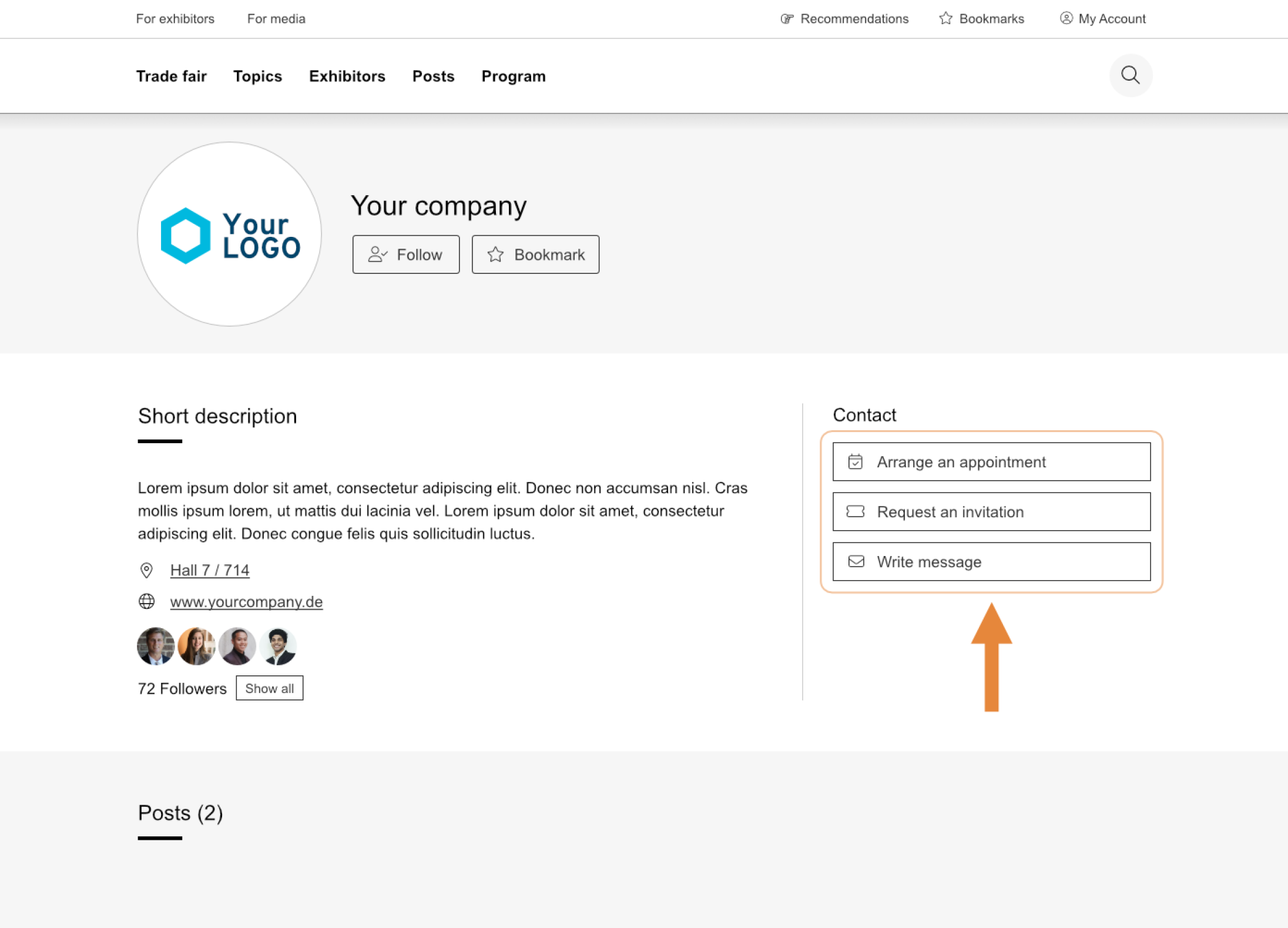 Une page de profil d'entreprise affiche un logo, un nom, une brève description, un lien vers un site Web et des options de contact, notamment Organiser un rendez-vous, Demander une invitation et Écrire un message, avec une flèche orange pointant vers Écrire un message.