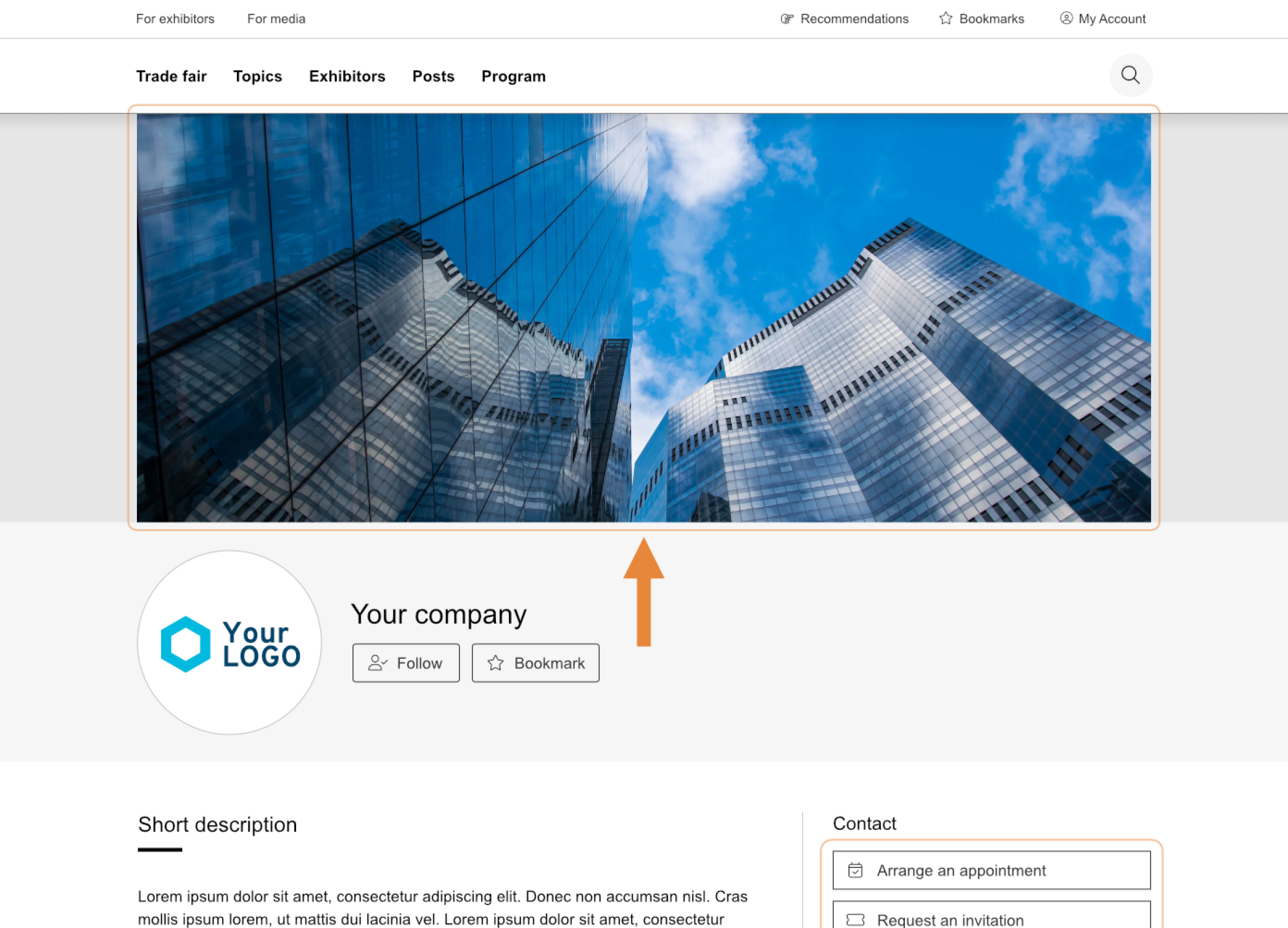 Une page de profil de site Web affiche une grande photo de gratte-ciel en verre réfléchissant, avec un logo et une section de nom d'entreprise en dessous, et une flèche orange pointant vers le haut en direction des bâtiments.