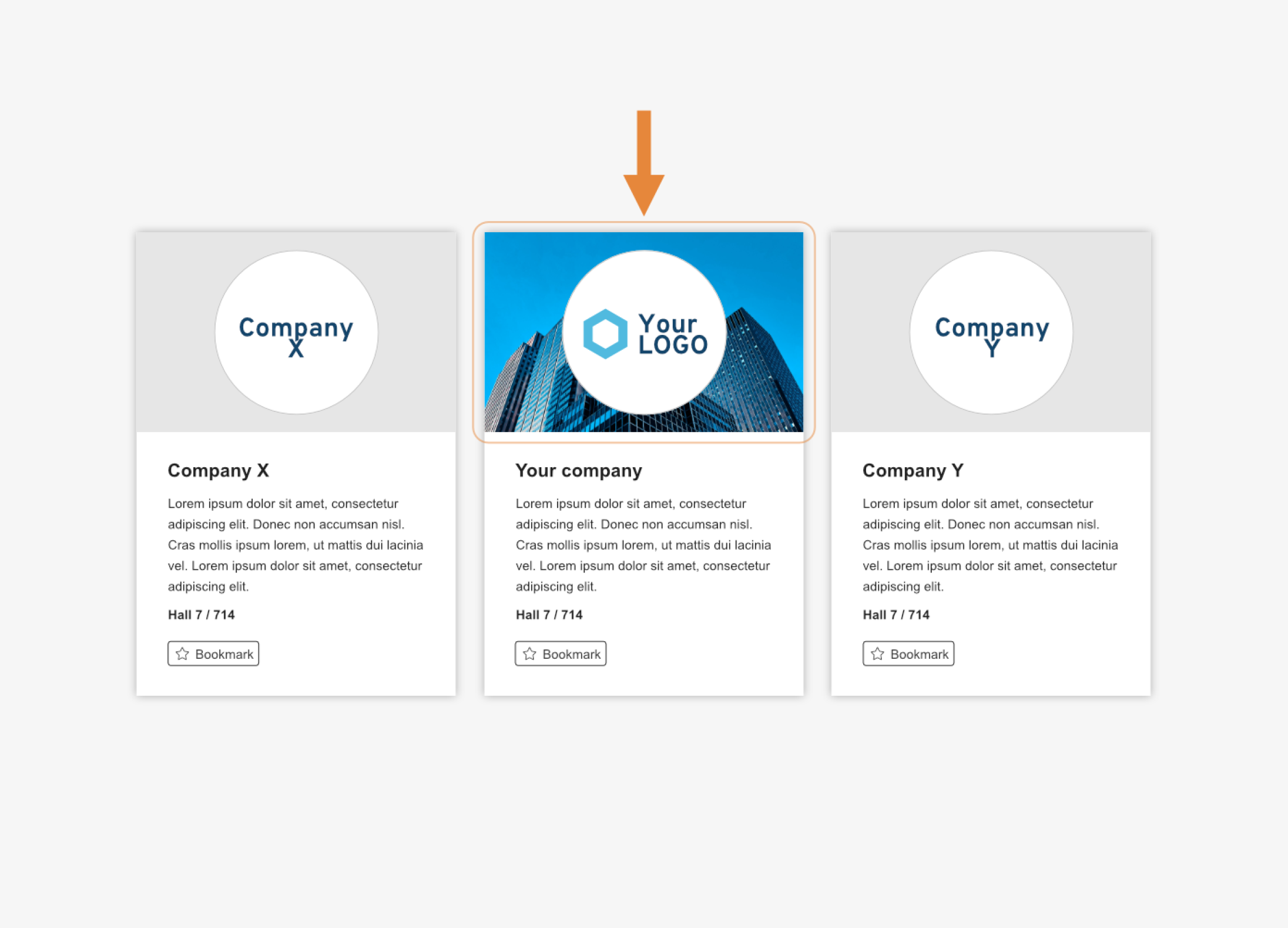 Trois cartes de profil d'entreprise sont affichées. La carte du milieu, soulignée par une flèche orange, présente un logo circulaire avec des gratte-ciel et le texte « Votre entreprise ». Les deux autres cartes sont intitulées Entreprise X et Entreprise Y.