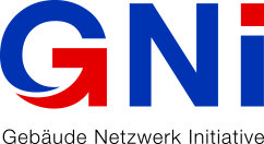 Logo mit großen blauen Buchstaben „GNi“ und roten Akzenten, darunter der Text „Gebäude Netzwerk Initiative“ in Schwarz.