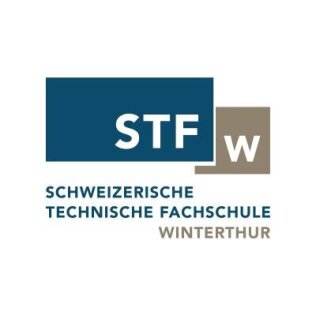 Logo der Schweizerischen Technischen Fachschule Winterthur (STFW), auf dem die Abkürzung „STFw“ in Weiß auf blauen und grauen Feldern zu sehen ist, darunter der vollständige Name in blauer und grauer Schrift.