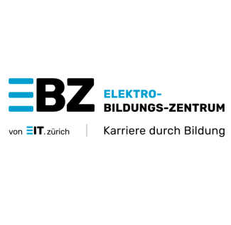 Logo des Elektro-Bildungs-Zentrums (EBZ) mit blauem und schwarzem Text, darunter „Karriere durch Bildung“ und „von EIT.zürich“. Blaue horizontale Linien bilden neben „BZ“ ein abstraktes „E“.