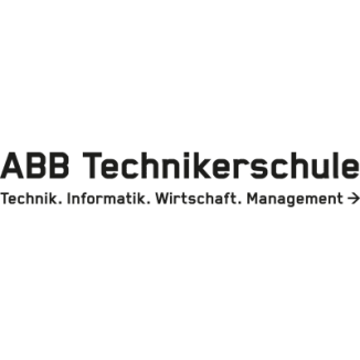 Der Text lautet: „ABB Technikerschule Technik. Informatik. Wirtschaft. Management“ in fetten schwarzen Buchstaben auf weißem Hintergrund, mit einem nach rechts zeigenden Pfeil am Ende.