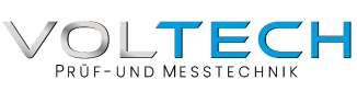 Logo mit dem Schriftzug „VOLTECH“ in großen silbernen und blauen Buchstaben und darunter „PRÜF- UND MESSTECHNIK“ in kleineren schwarzen Buchstaben.