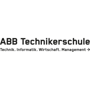 Der Text lautet: „ABB Technikerschule Technik. Informatik. Wirtschaft. Management“ in fetten schwarzen Buchstaben auf weißem Hintergrund, mit einem nach rechts zeigenden Pfeil am Ende.