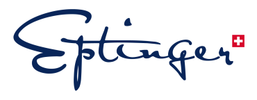 Auf hellgrauem Hintergrund ist in blauer Kursivschrift der Schriftzug „Eptinger“ zu lesen, rechts davon befindet sich ein kleines rotes Quadrat mit einem weißen Kreuz, das der Schweizer Flagge ähnelt.