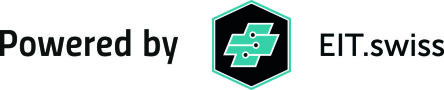 Powered by EIT.swiss-Logo mit einem grün-schwarzen Sechseck mit einem stilisierten elektronischen Schaltkreissymbol zwischen den Wörtern.