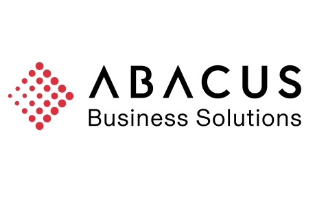 Logo für Abacus Business Solutions mit roten, rautenförmig angeordneten Punkten auf der linken Seite und dem Firmennamen in schwarzer, moderner Schrift auf der rechten Seite.