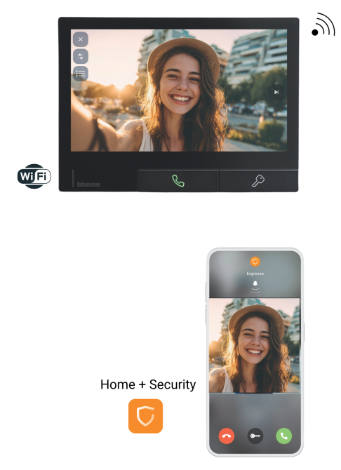 Auf dem Bildschirm einer Video-Gegensprechanlage und einem Smartphone ist eine lächelnde Frau im Freien zu sehen, die ein intelligentes Sicherheitssystem für das eigene Haus mit Fernzugriff per Videoanruf zeigt. Auch Symbole für WiFi und Sicherheit sind zu sehen.