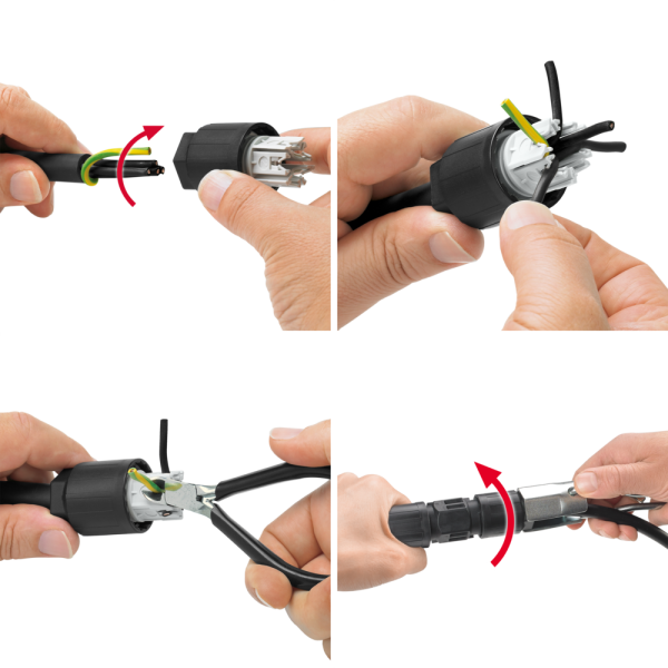 Fotoanleitung in vier Schritten, die zeigt, wie die Hände elektrische Drähte mit einem schwarzen Stecker verbinden: Abschrauben der Kappe, Einführen der Drähte, Festziehen der Schrauben mit einer Zange und anschließendes Wiederaufschrauben der Kappe. Pfeile zeigen die einzelnen Schritte an.