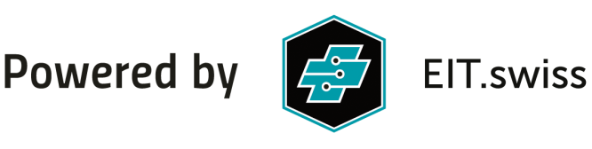 Powered by EIT.swiss-Logo mit einem schwarz-grünen Sechseck, das ein stilisiertes Schaltkreismuster enthält, flankiert vom Text Powered by auf der linken und EIT.swiss auf der rechten Seite.