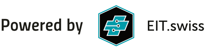 Logo Powered by EIT.swiss avec un hexagone noir et vert contenant un schéma stylisé de circuit électrique, flanqué du texte Powered by à gauche et EIT.swiss à droite.