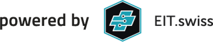 Das Bild zeigt den Text powered by EIT.swiss mit einem sechseckigen Logo in der Mitte, das abstrakte blaue und weiße, miteinander verbundene Formen auf schwarzem Hintergrund zeigt.