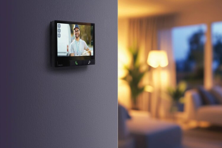 Der Bildschirm einer Video-Gegensprechanlage an einer Wand zeigt einen lächelnden Lieferservice. Der Hintergrund offenbart ein modernes Wohnzimmer mit gedämpftem Licht, einer Lampe, einem Sofa und Vorhängen, die leicht verschwommen sind.