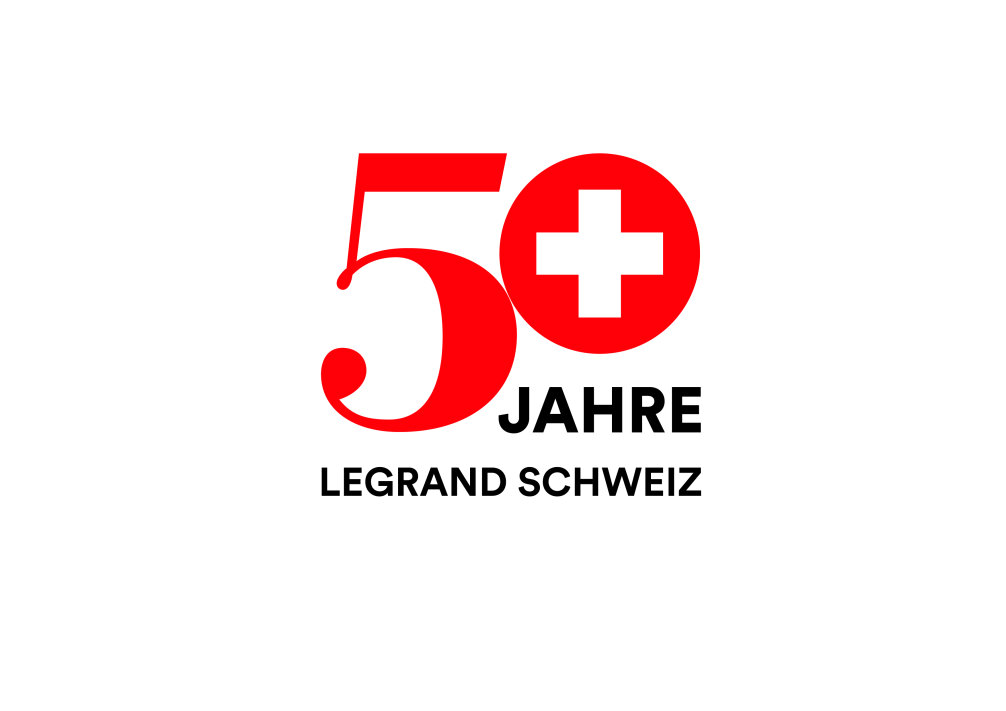 Das Bild zeigt 50 Jahre, wobei die Null durch einen roten Kreis mit einem weissen Kreuz ersetzt ist. Darunter steht Legrand Schweiz, um 50 Jahre Legrand in der Schweiz zu feiern.