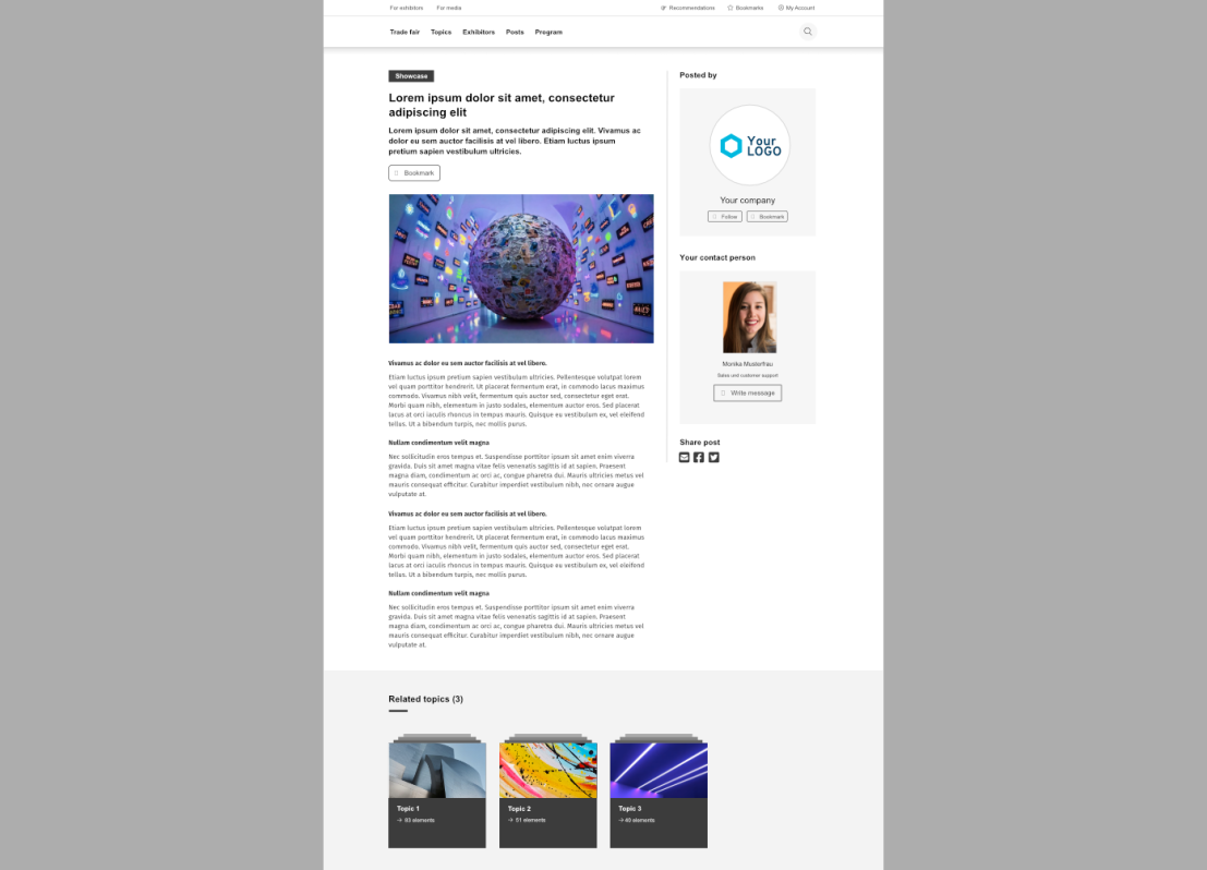 Une page d'article de site Web montrant une image principale d'un globe numérique entouré d'écrans, avec du contenu textuel et un panneau latéral comportant un logo d'entreprise, un profil d'utilisateur et des liens vers des sujets connexes avec des images miniatures.