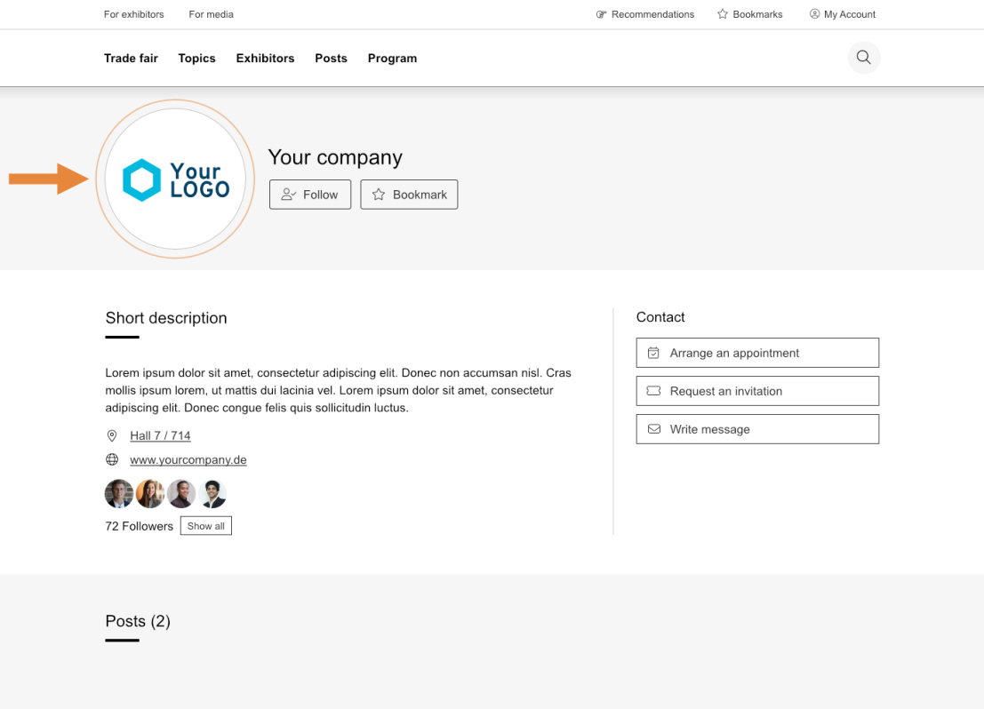 Une page de profil d'entreprise avec un logo circulaire à gauche, le nom de l'entreprise et des boutons pour suivre ou ajouter à ses favoris. Une courte description, des options de contact et une liste d'abonnés et de publications sont disponibles en dessous. Une flèche orange pointe vers le logo.