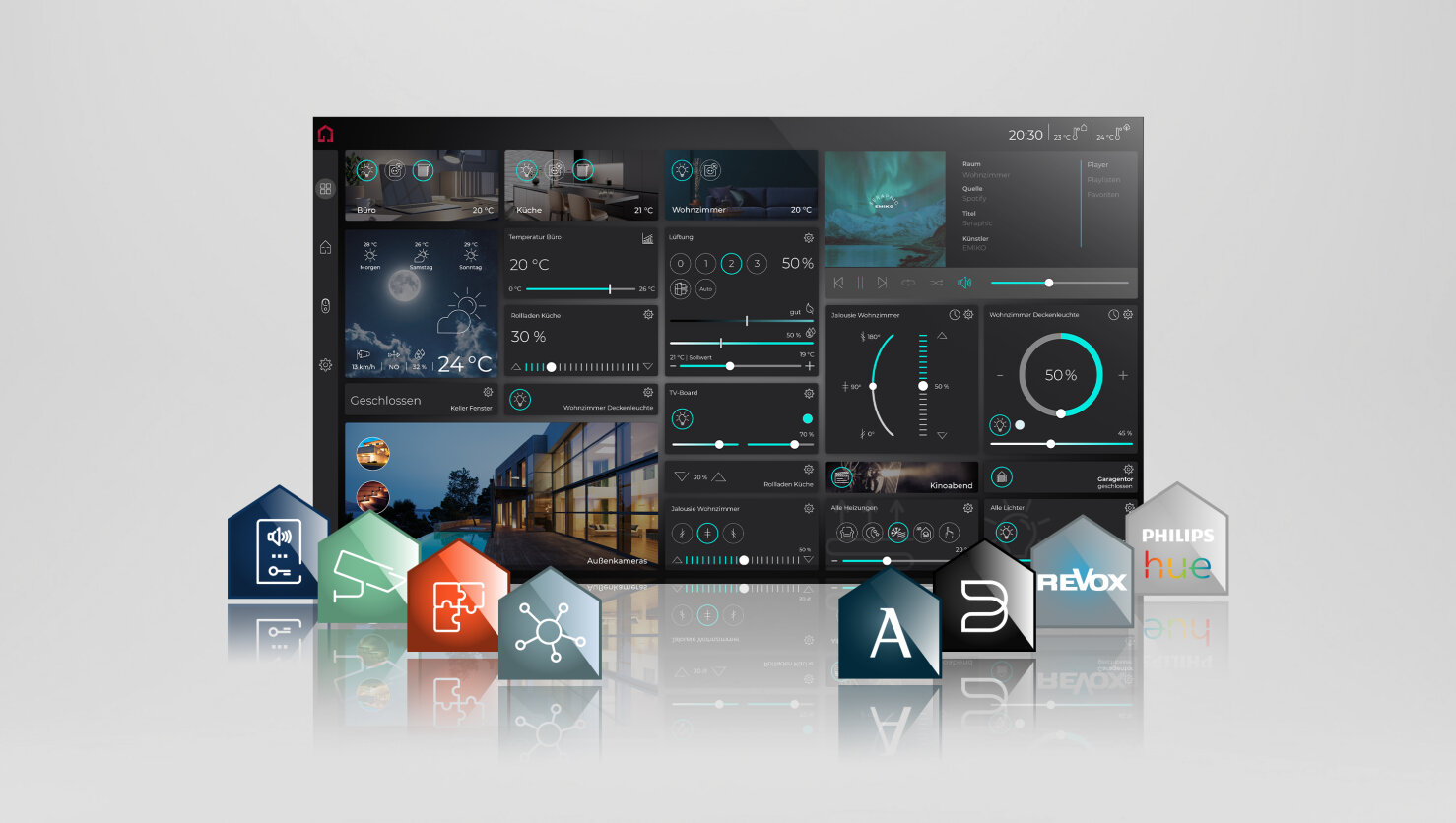 Ein digitales Smart-Home-Steuerungs-Dashboard zeigt verschiedene Steuerungselemente und Statistiken an, wobei Symbole für Hausautomationssysteme wie Beleuchtung, Temperatur und Sicherheit im vorderen Bereich des Bildschirms angezeigt werden.