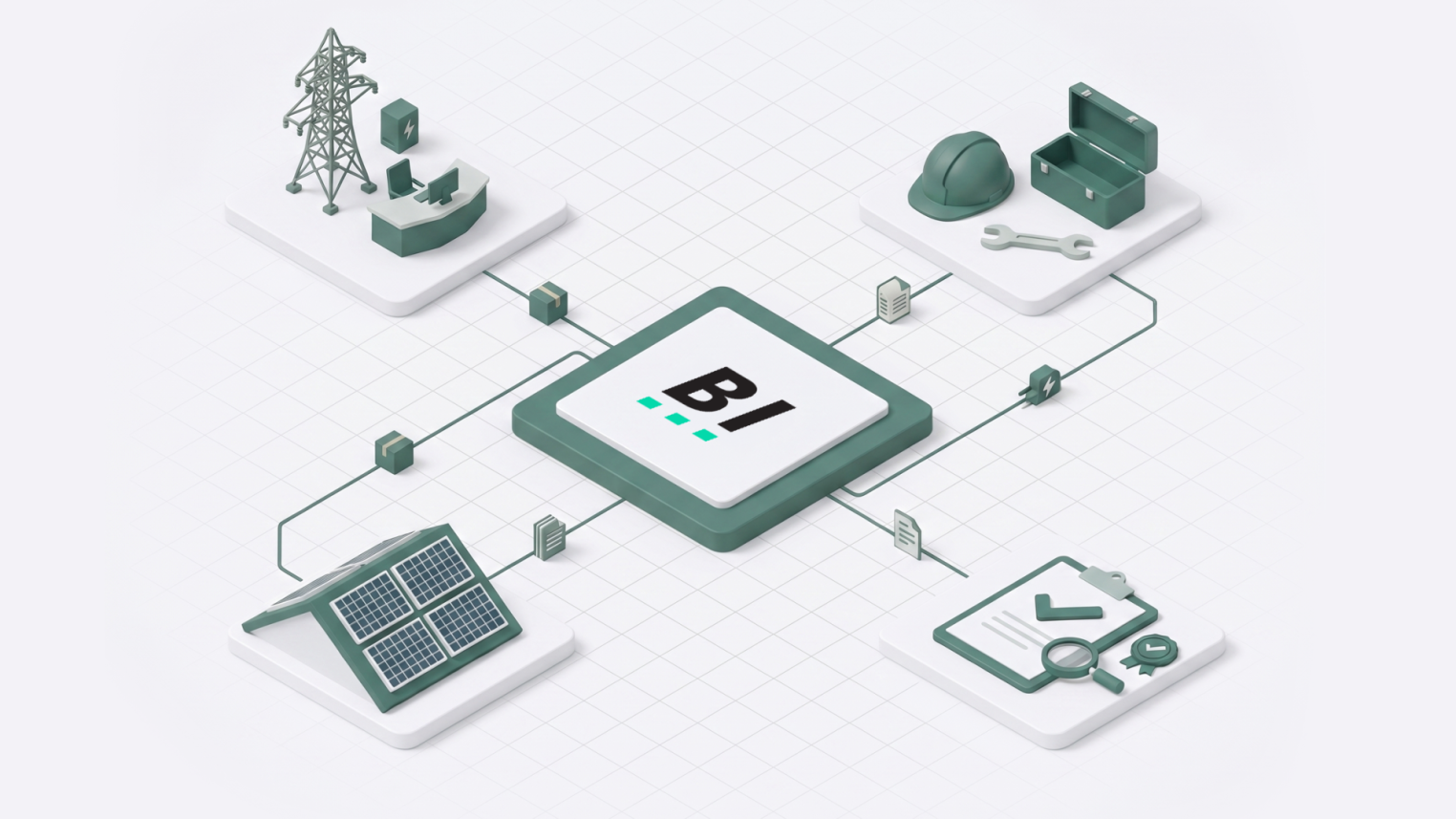 Ein zentraler BI-Chip ist mit Symbolen für Solarmodule, Stromleitungen, einen Schutzhelm mit Werkzeugen, eine Lupe über einer Checkliste und Büroausstattung verbunden, die für Business Intelligence in verschiedenen Branchen stehen.