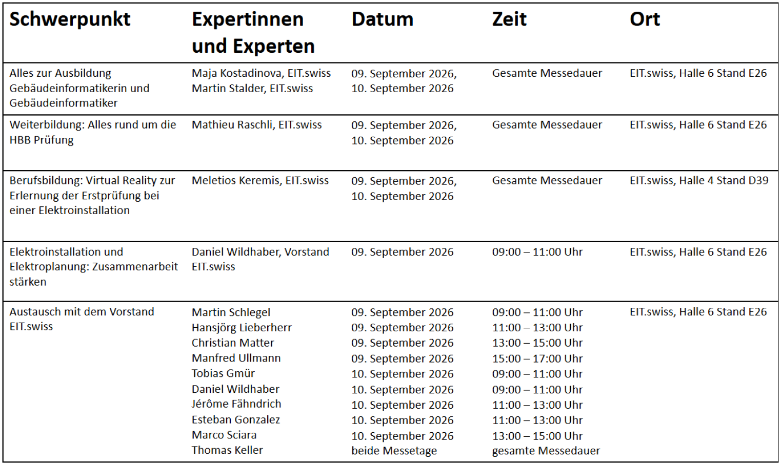 Zeitplan für eine Veranstaltung mit Themen, Experten, Terminen, Uhrzeiten und Veranstaltungsorten. Zu den Themen gehören Schulungen, VR in der Gebäudeelektronik und Networking; es sind mehrere Referenten sowie verschiedene Uhrzeiten und Säle aufgeführt.