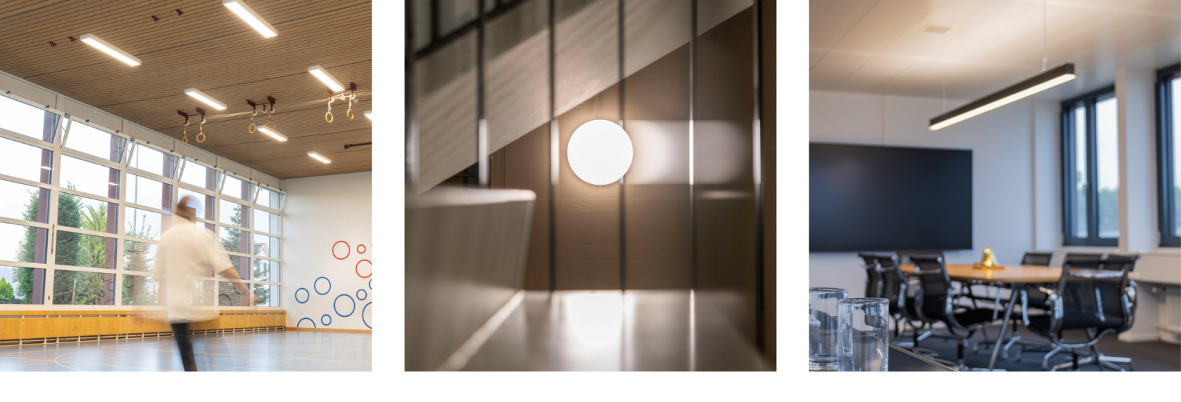 Drei Fotos: eine Sporthalle mit einer unscharfen Person beim Gehen, eine Nahaufnahme einer runden Leuchte an einer Wand und ein moderner Konferenzraum mit einem langen Tisch und Stühlen.