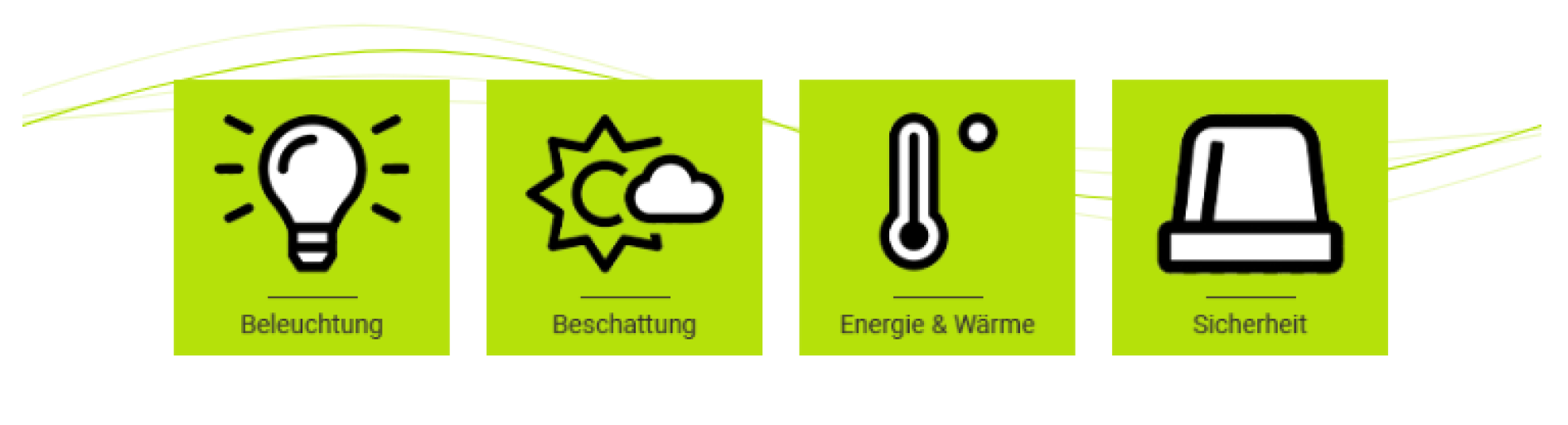 Vier grüne Quadrate mit schwarzen Symbolen und deutschen Bezeichnungen: eine Glühbirne (Beleuchtung), Sonne und Wolken (Beschattung), ein Thermometer (Energie & Wärme) und ein Sicherheitsalarm (Sicherheit).