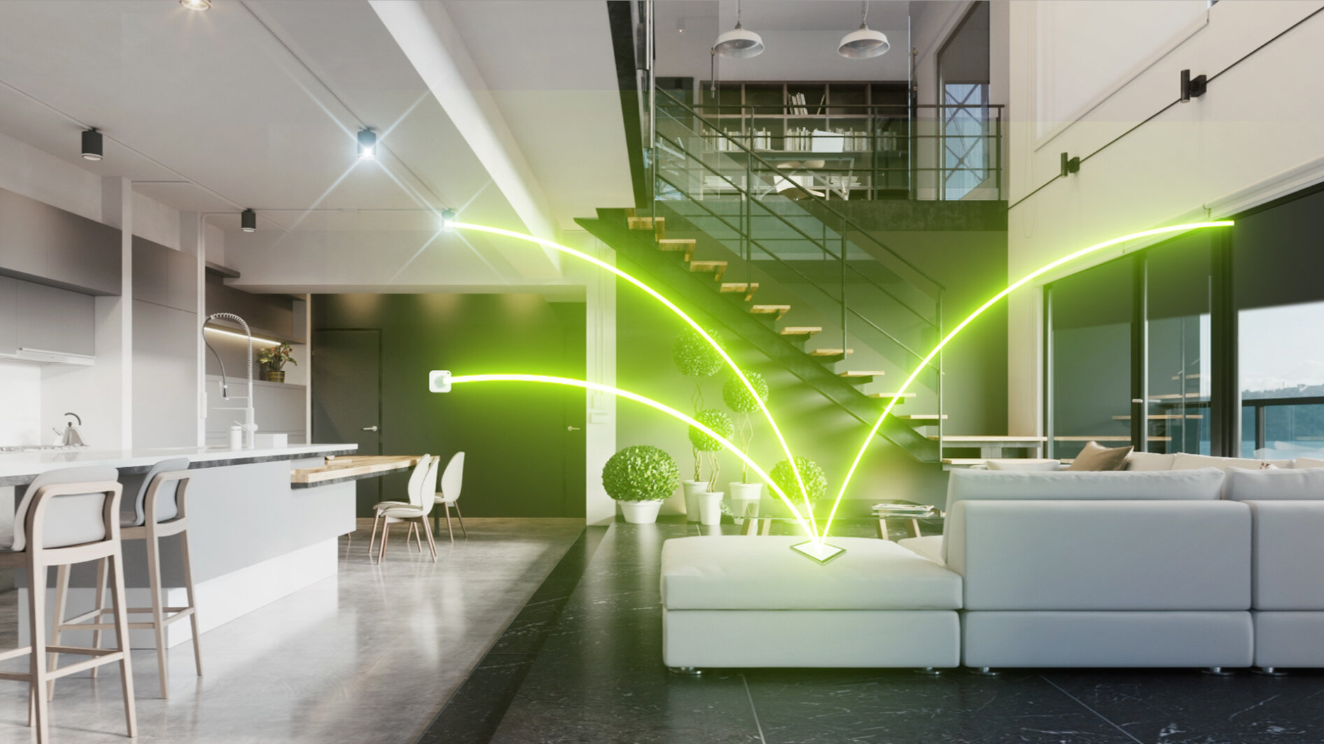 Ein moderner, offen gestalteter Wohnbereich mit Küche, Essbereich und Loft. Hellgrüne Linien und Bögen veranschaulichen die Wi-Fi-Signale, die sich von einem Router auf einem Regal zu verschiedenen Teilen des Raums ausbreiten.