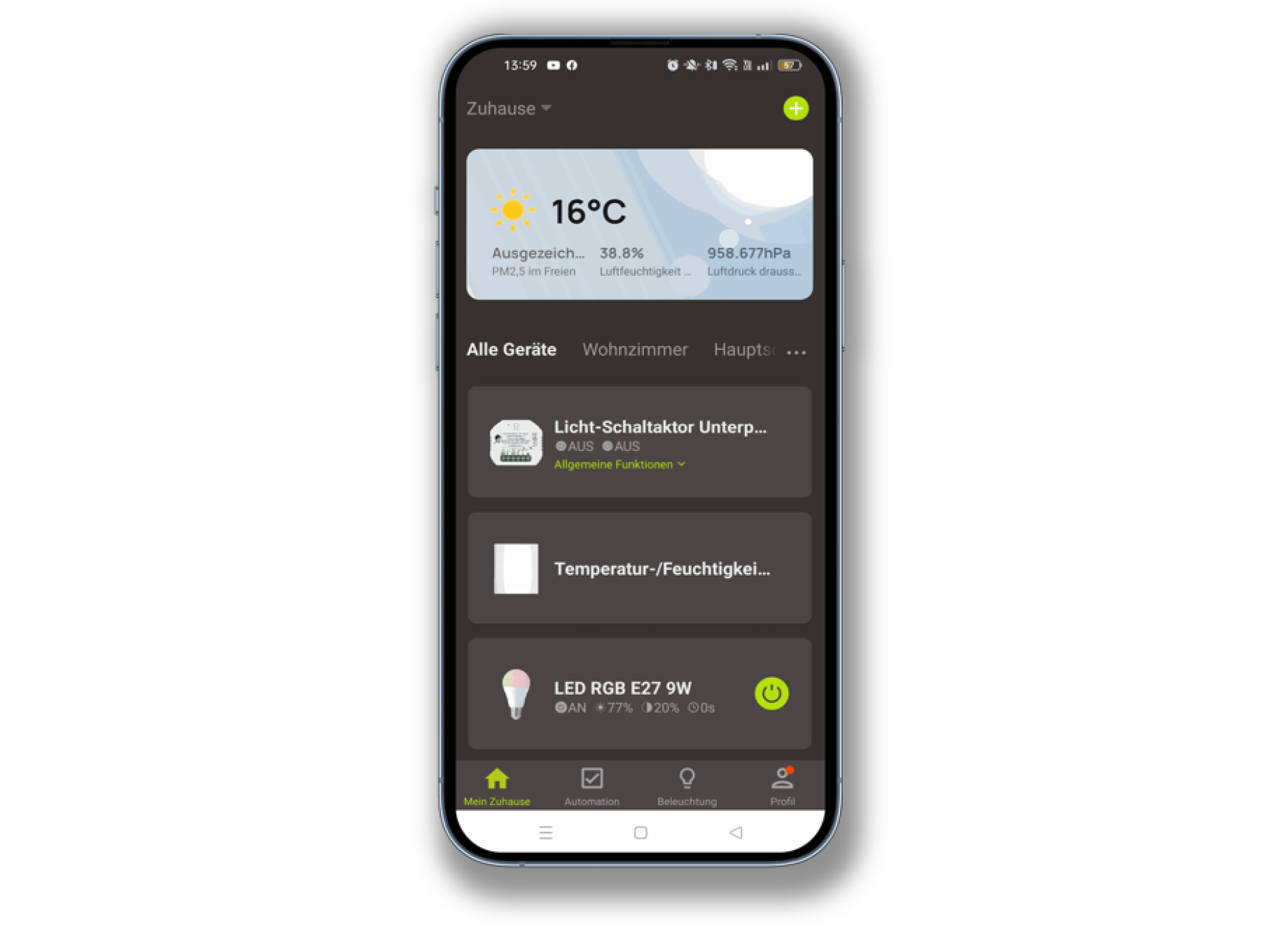 Ein Smartphone zeigt eine Smart-Home-App mit Wetterinformationen (16 °C, sonnig), Luftqualität und Steuerungen für verschiedene Geräte wie einen Schalter, einen Temperatur-/Luftfeuchtigkeitssensor und eine LED-Lampe an. Die App verwendet ein dunkles Thema.